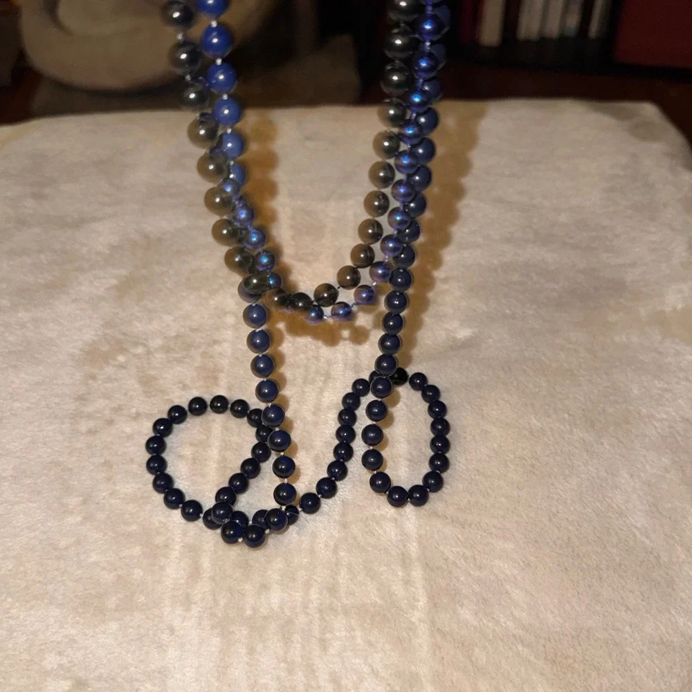 Vintage Long Beaded Strand Necklace Navy Blue Black Metallic Round Beads 60 Inch
